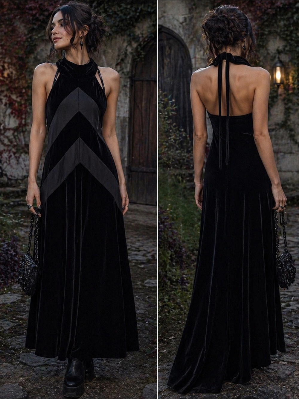 Vintage Velvet Maxi Dress Women 8 Black Halter Stripe Goth Vampy HOCO Prom